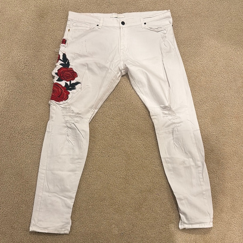 White slim straight with Red Accents and Distressed Look